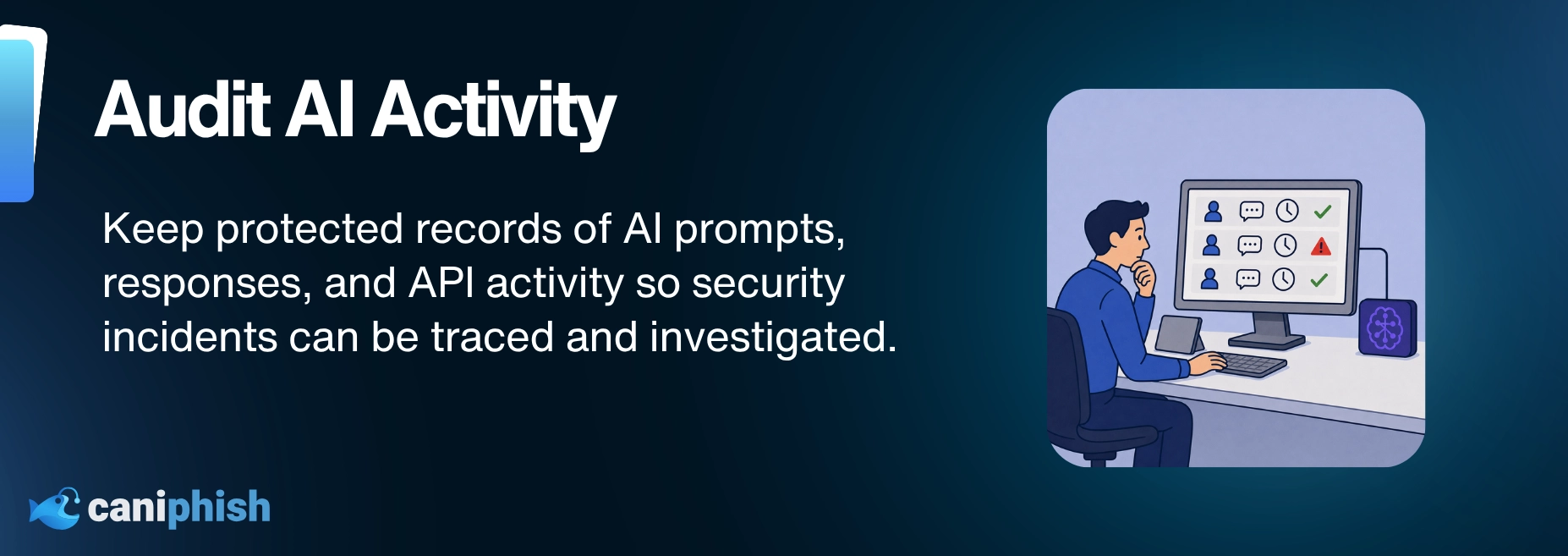 Security analyst reviewing AI activity logs to identify and investigate suspicious prompts, responses, and API activity