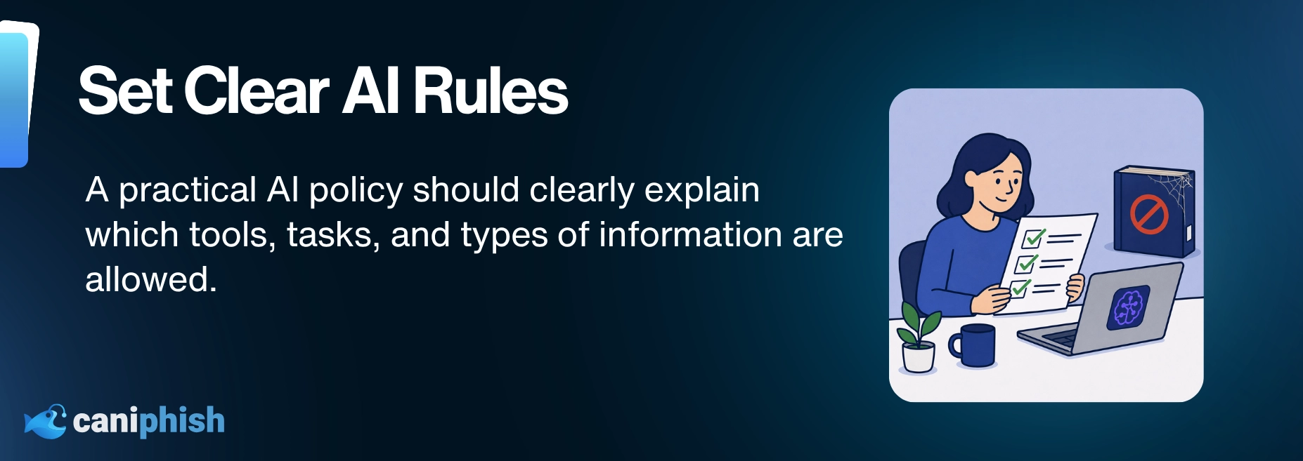 Employee reviewing a checklist of approved AI tools, tasks, and information under a clear company AI policy