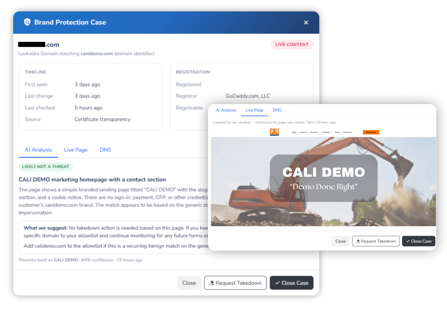 Screenshot of a Brand Protection case for a lookalike domain discovered through certificate transparency, with its sandboxed live page and AI verdict