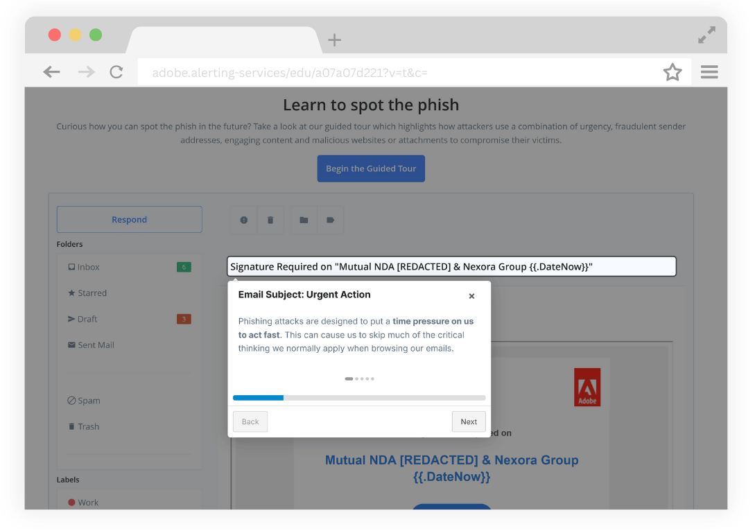 Image of the on-the-spot phishing education page in action