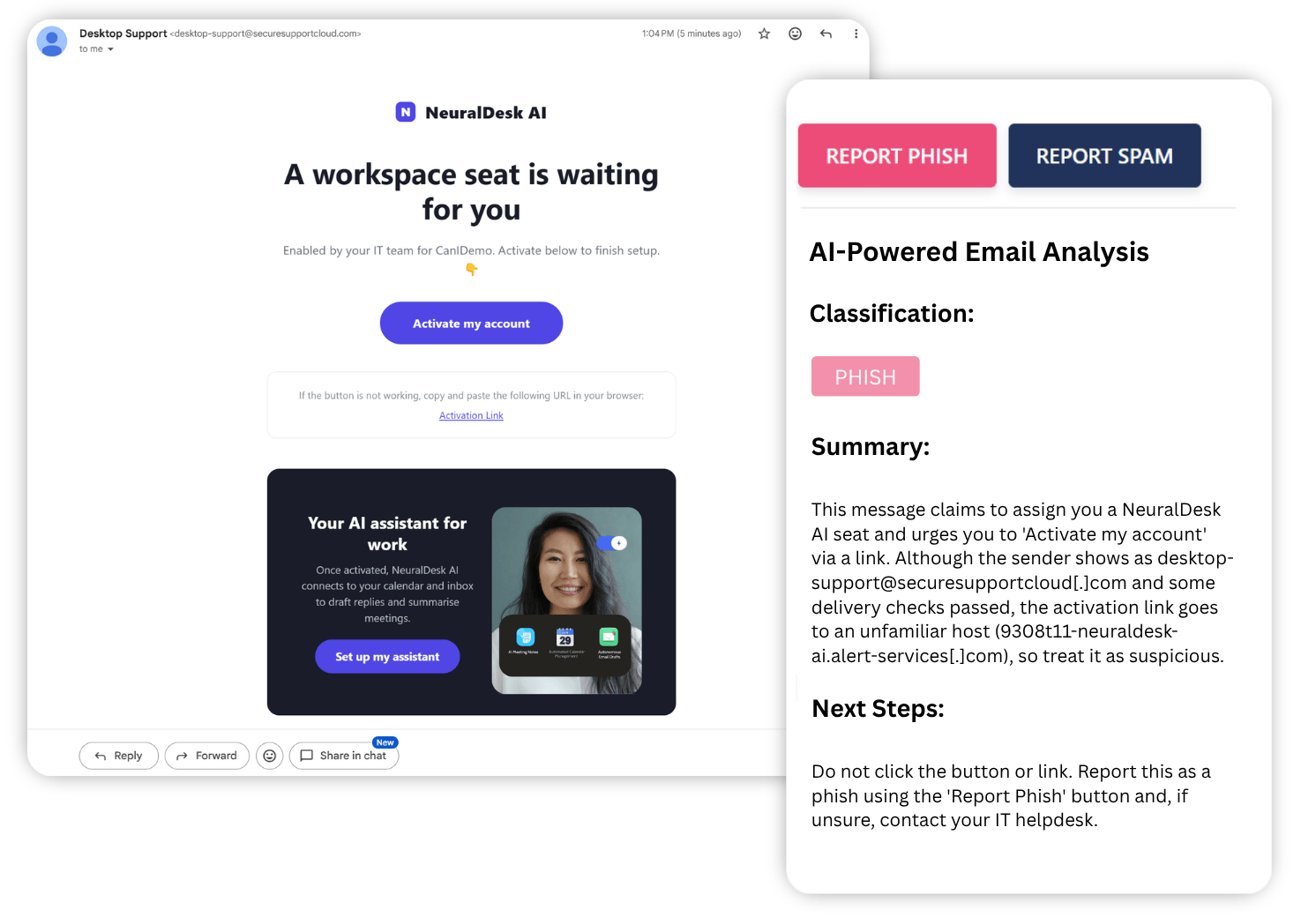 Live Inbox coaching for suspected phishing email