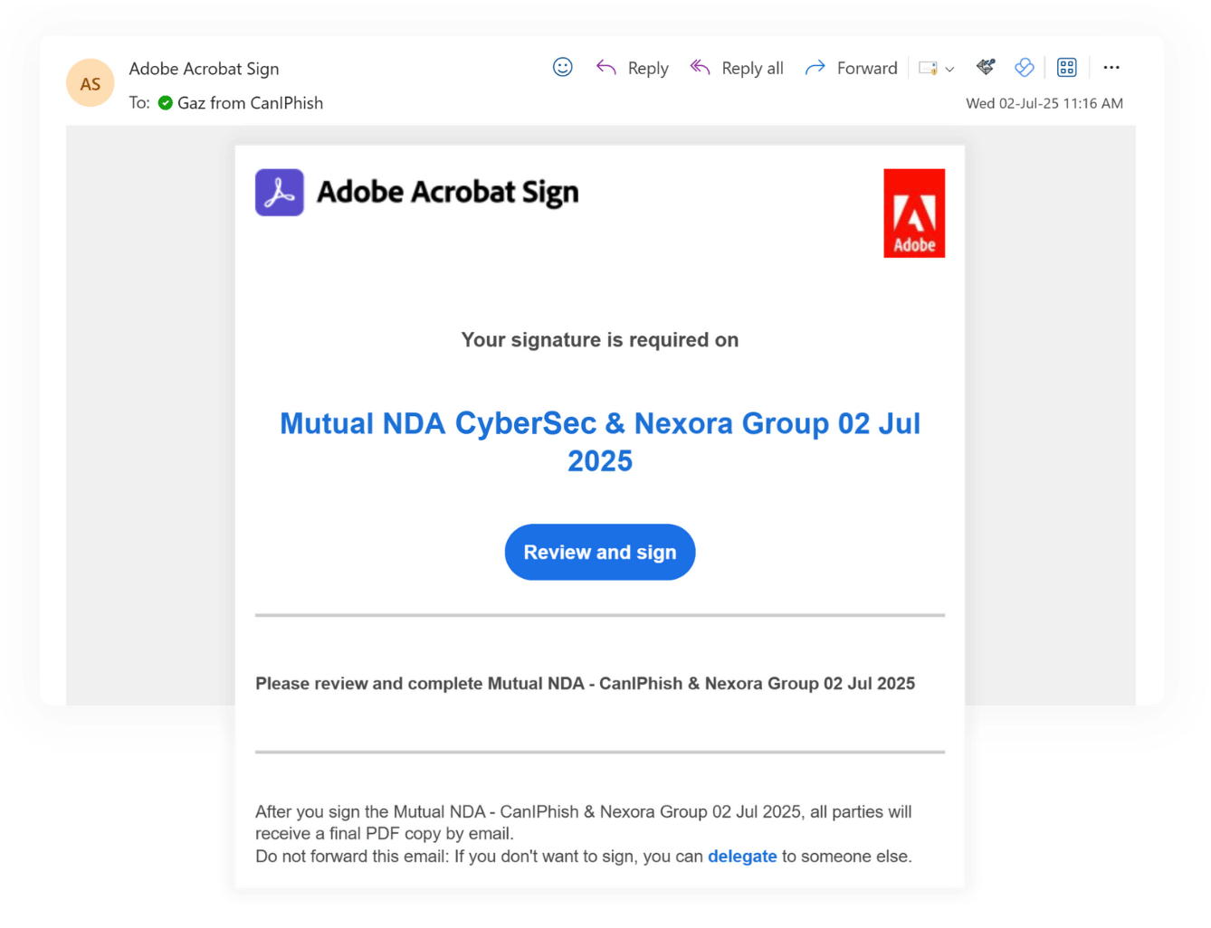 Image of a simulated phishing email