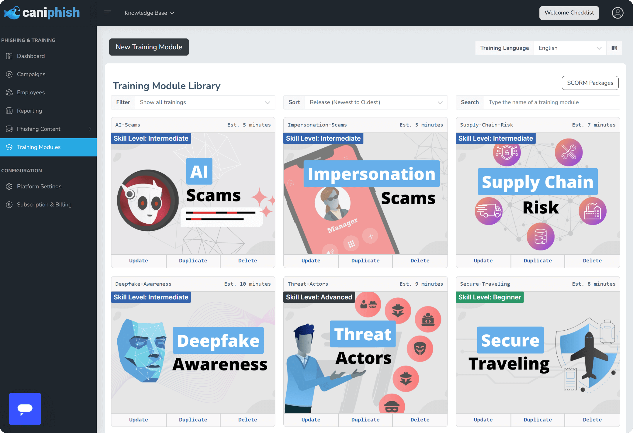 CanIPhish Training Modules Dashboard