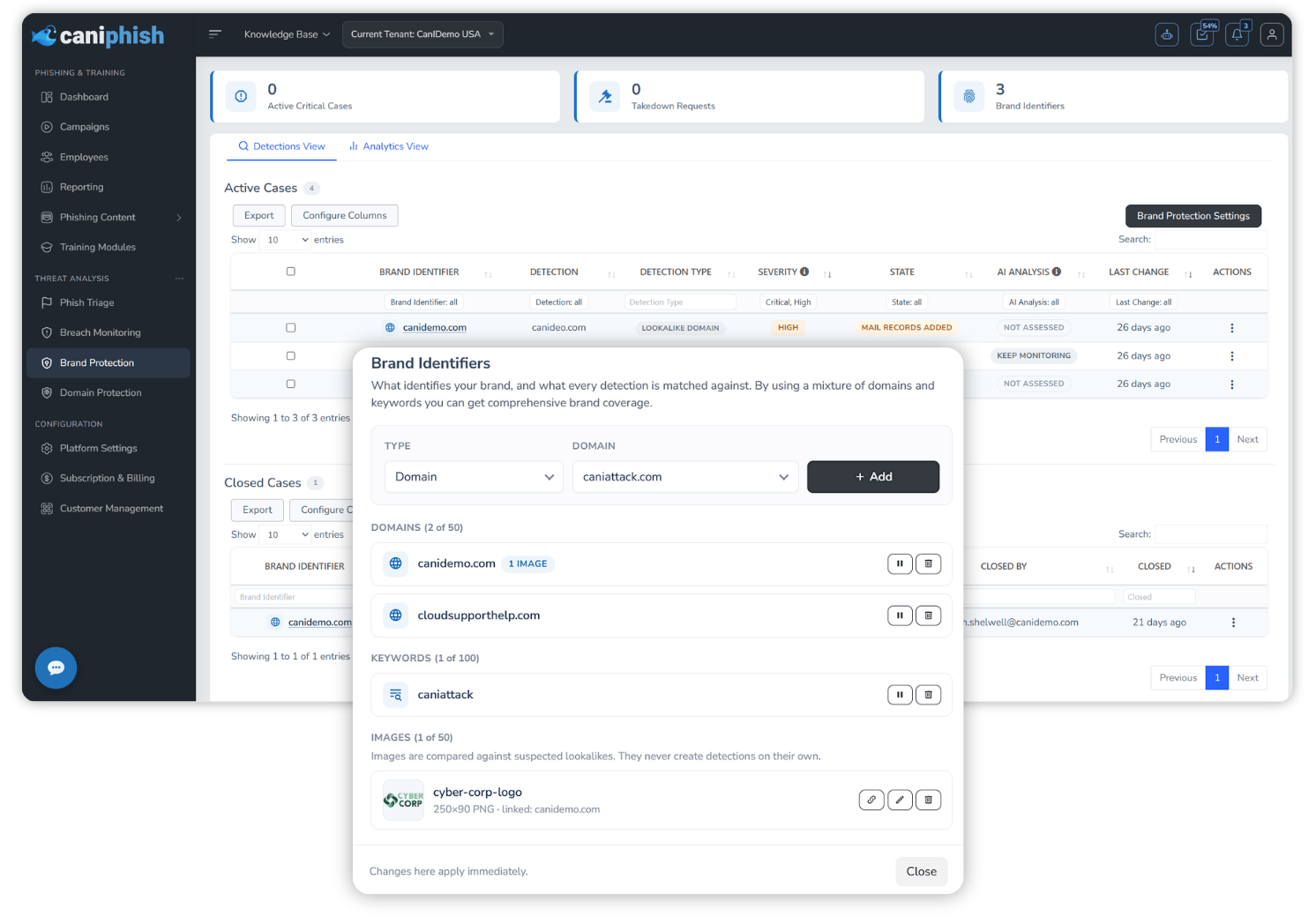 Screenshot of the Brand Identifiers settings listing protected domains, keywords and reference logo images